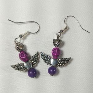 Purple Skull with Heart Wings Beaded Earrings